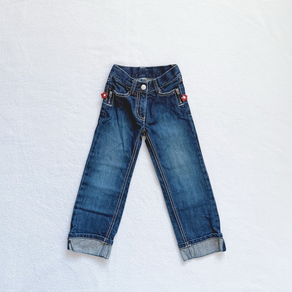 Gymboree Toddler Girl Dark Wash Straight Leg Jeans Red Flower Zipper Classic 4/5